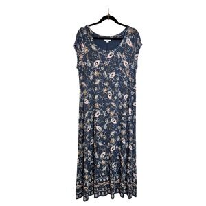 J. Jill Knit Maxi Dress Size M Blue Pink Floral Print Round Neck Casual Boho